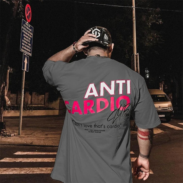 ANTI CARDIO Casual Oversized short sleeves cotton t shirt Gym Fitness Male Training Workout Cotton Tees Top New Fashion Clothes