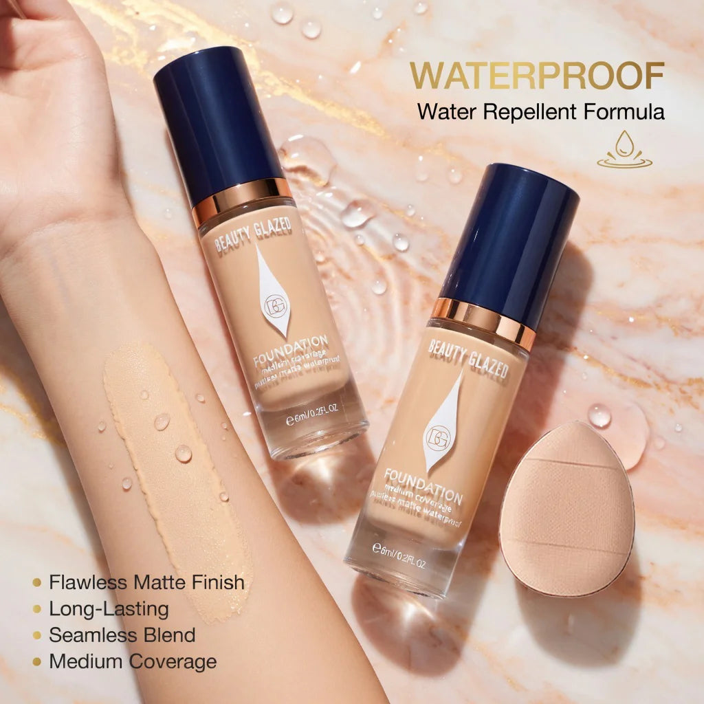 Face Foundation Makeup Set:2 Matte Foundation+1 Puff,Full Coverage,5 Shades,For All Skin Types,Long-Lasting Waterproof,Mini Size