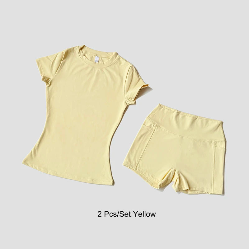 Sports Sets Fitness Hip-lifting Tight Top Short Sleeve Running Workout Gym Shorts Tracksuits For Women Breathable Sports Suits