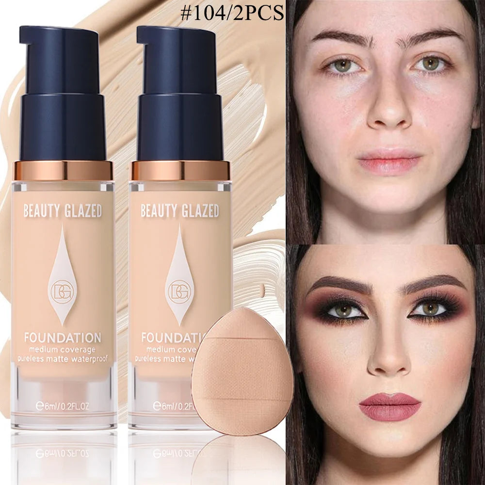 Face Foundation Makeup Set:2 Matte Foundation+1 Puff,Full Coverage,5 Shades,For All Skin Types,Long-Lasting Waterproof,Mini Size