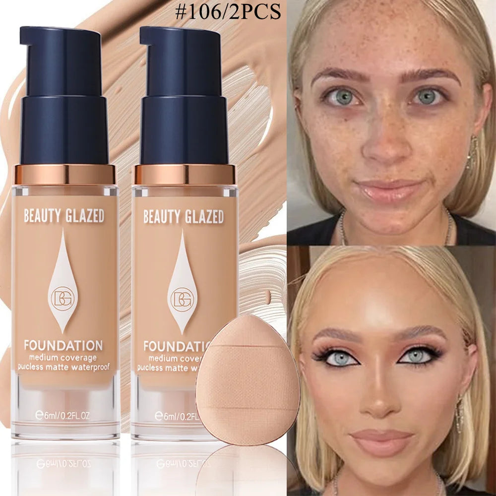 Face Foundation Makeup Set:2 Matte Foundation+1 Puff,Full Coverage,5 Shades,For All Skin Types,Long-Lasting Waterproof,Mini Size