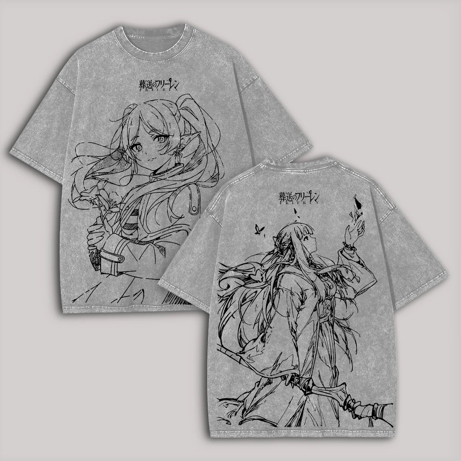Manga Frieren Graphic T-shirt Casual Pure Cotton Short Sleeve Tees Vintage Washed Oversized T Shirt for Men Women Clothing