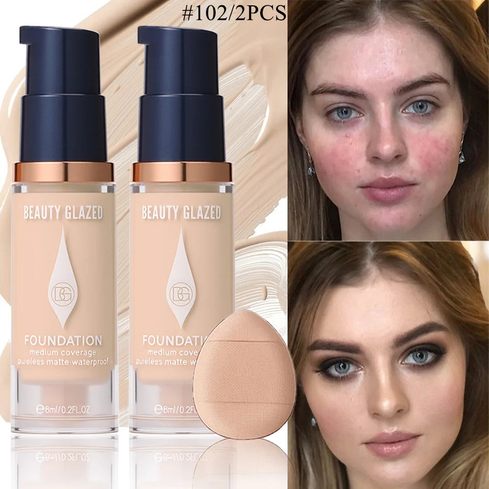 Face Foundation Makeup Set:2 Matte Foundation+1 Puff,Full Coverage,5 Shades,For All Skin Types,Long-Lasting Waterproof,Mini Size