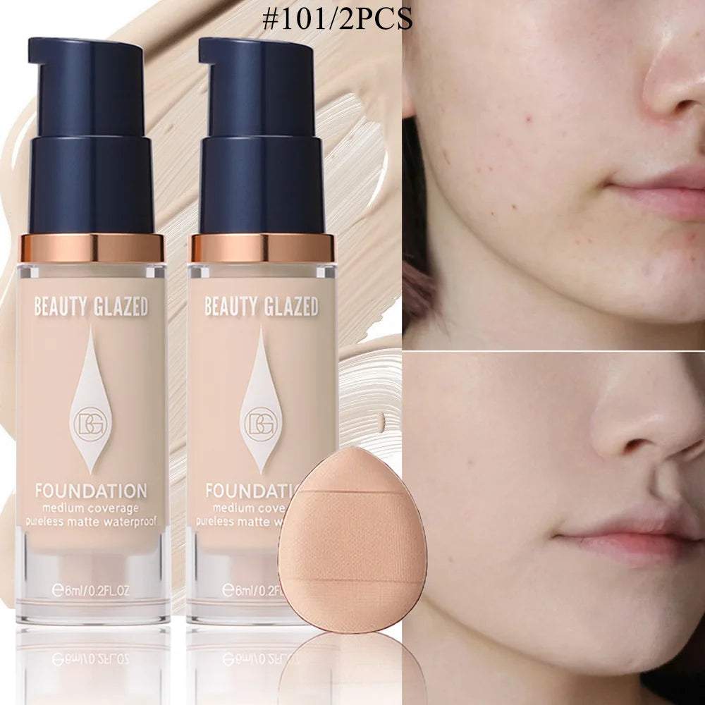 Face Foundation Makeup Set:2 Matte Foundation+1 Puff,Full Coverage,5 Shades,For All Skin Types,Long-Lasting Waterproof,Mini Size