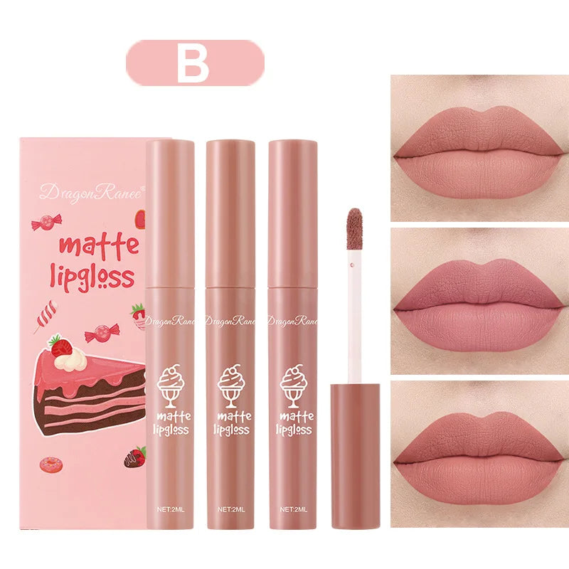 3PCS/Set Velvet Matte Nude Liquid Lipstic Long Lasting Waterproof Lipgloss Kits Moisturizing Lip Stain Tint Sexy Lip Makeup Sets
