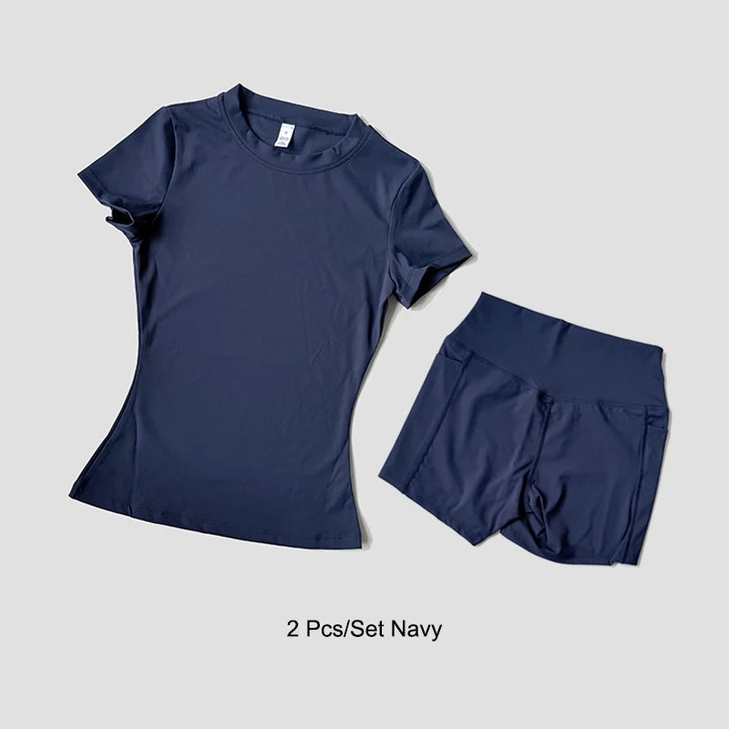 Sports Sets Fitness Hip-lifting Tight Top Short Sleeve Running Workout Gym Shorts Tracksuits For Women Breathable Sports Suits