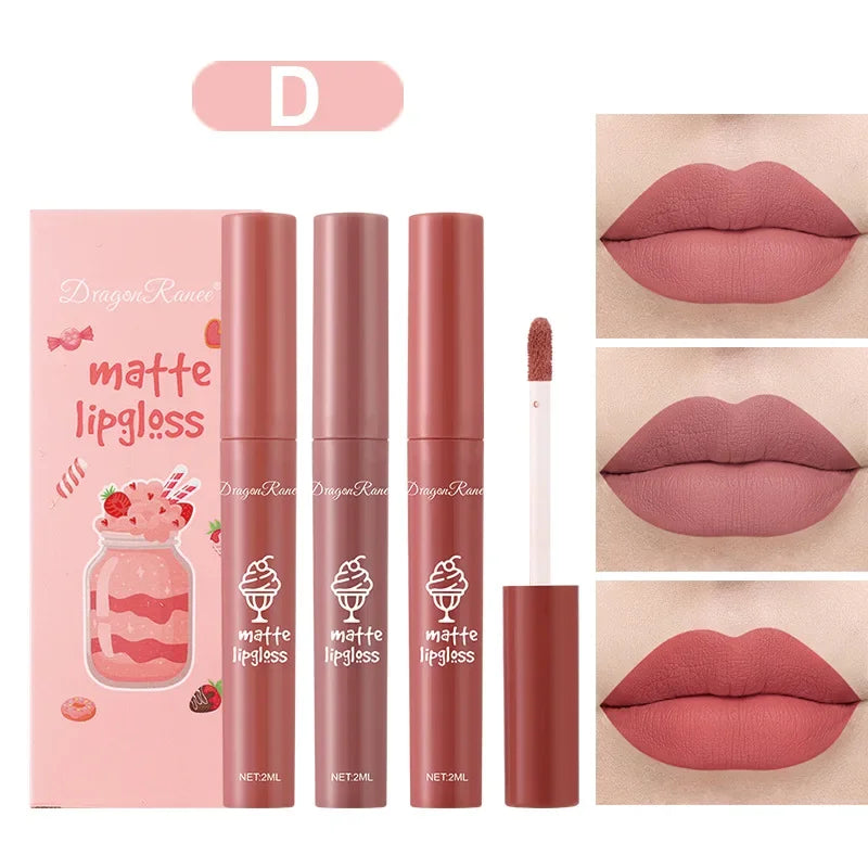 3PCS/Set Velvet Matte Nude Liquid Lipstic Long Lasting Waterproof Lipgloss Kits Moisturizing Lip Stain Tint Sexy Lip Makeup Sets
