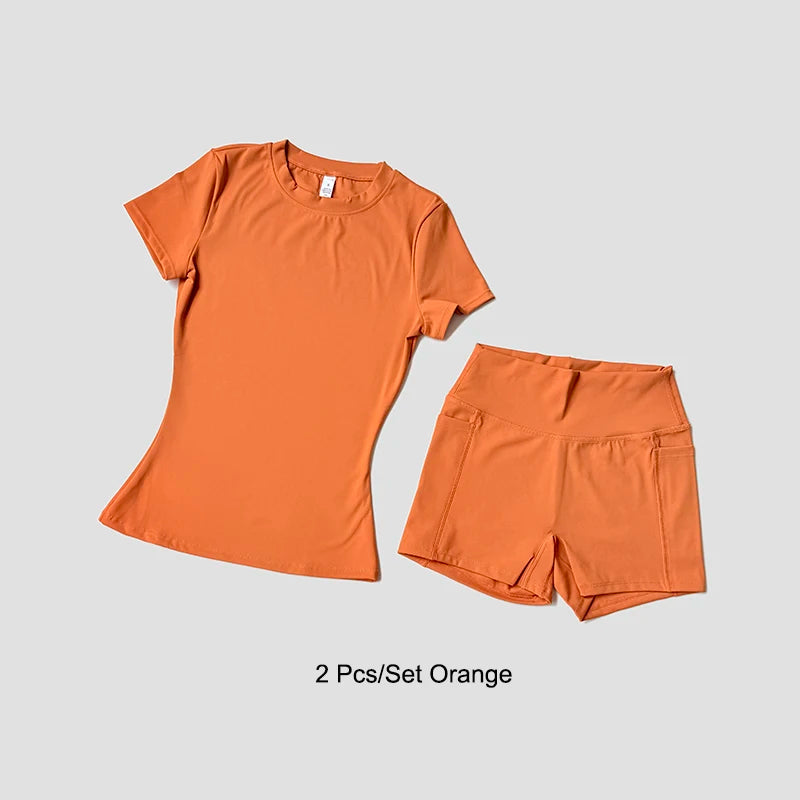 Sports Sets Fitness Hip-lifting Tight Top Short Sleeve Running Workout Gym Shorts Tracksuits For Women Breathable Sports Suits