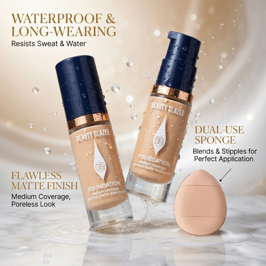 Face Foundation Makeup Set:2 Matte Foundation+1 Puff,Full Coverage,5 Shades,For All Skin Types,Long-Lasting Waterproof,Mini Size