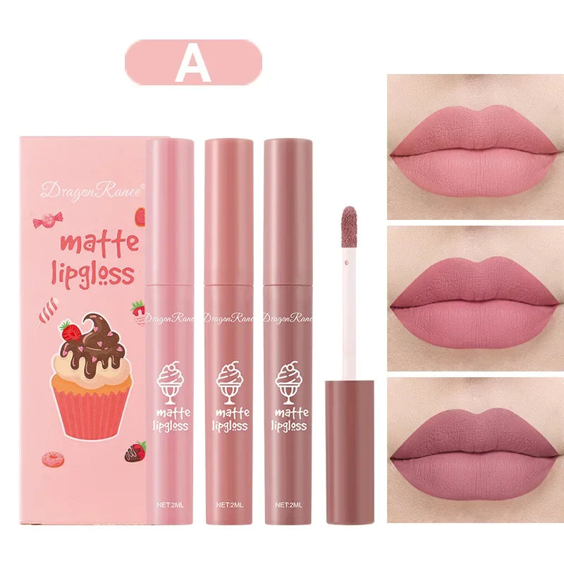 3PCS/Set Velvet Matte Nude Liquid Lipstic Long Lasting Waterproof Lipgloss Kits Moisturizing Lip Stain Tint Sexy Lip Makeup Sets