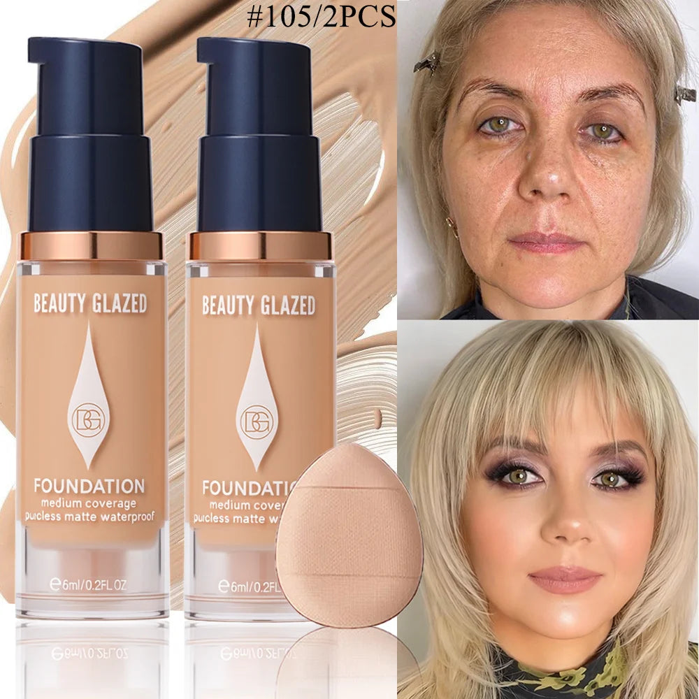 Face Foundation Makeup Set:2 Matte Foundation+1 Puff,Full Coverage,5 Shades,For All Skin Types,Long-Lasting Waterproof,Mini Size