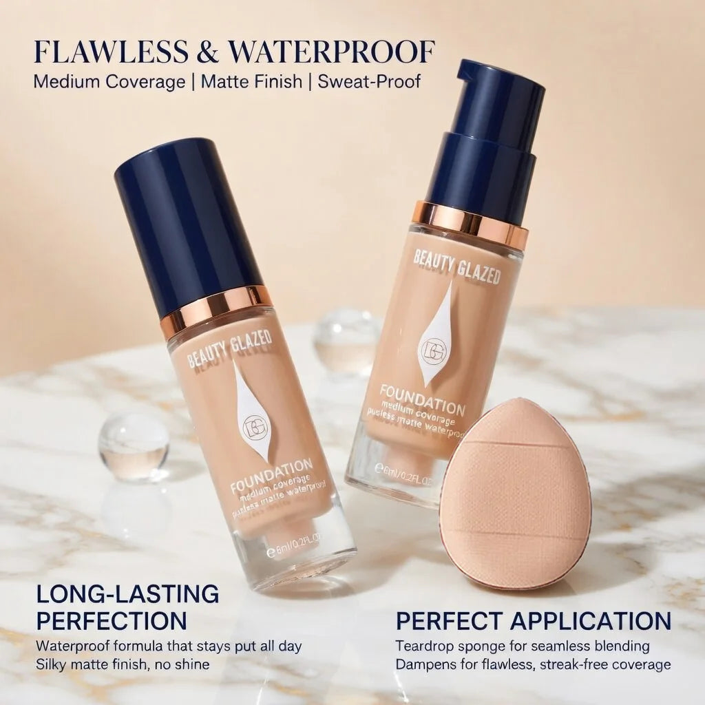 Face Foundation Makeup Set:2 Matte Foundation+1 Puff,Full Coverage,5 Shades,For All Skin Types,Long-Lasting Waterproof,Mini Size