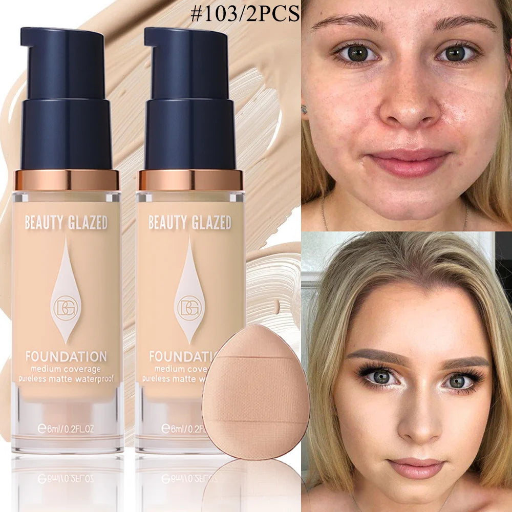 Face Foundation Makeup Set:2 Matte Foundation+1 Puff,Full Coverage,5 Shades,For All Skin Types,Long-Lasting Waterproof,Mini Size