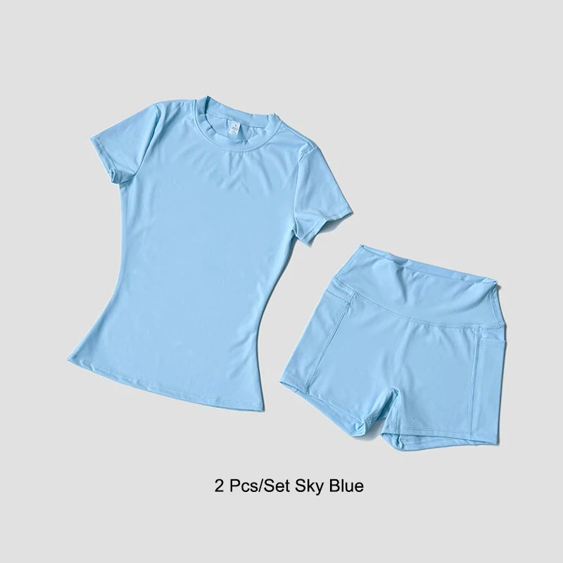 Sports Sets Fitness Hip-lifting Tight Top Short Sleeve Running Workout Gym Shorts Tracksuits For Women Breathable Sports Suits